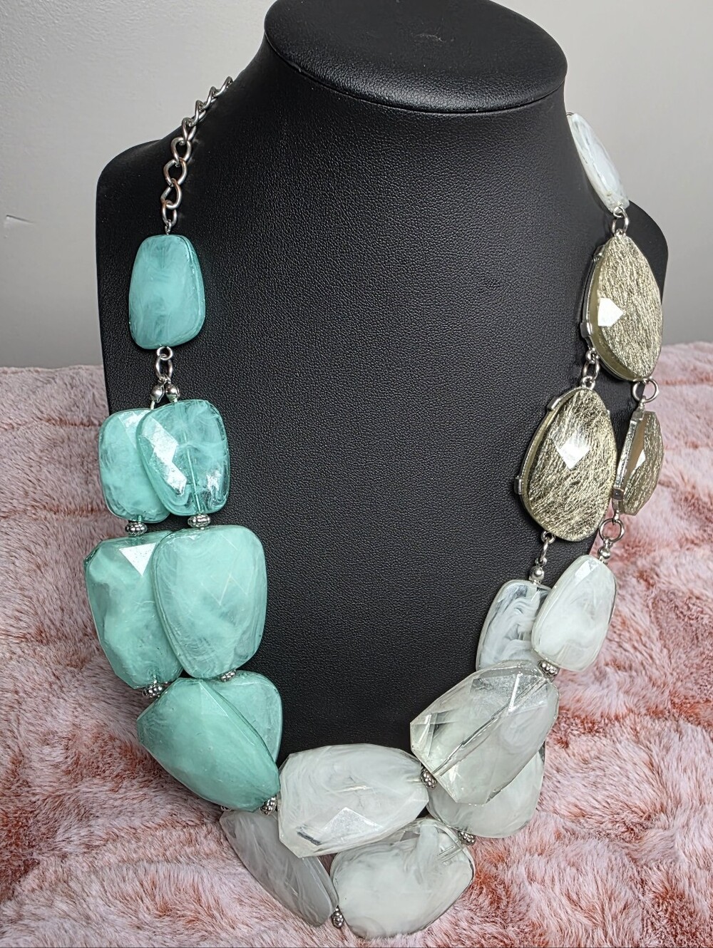Statement Teal and White Beaded Necklace